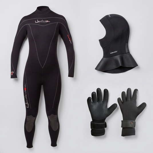 Wetsuit, hood and gloves